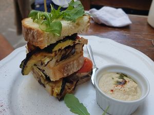 Club Sandwich w tofu and grilled veggies at Humus in Bolzano