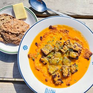 hearty pumpkin soup with timian at The Break Cafe in Thisted