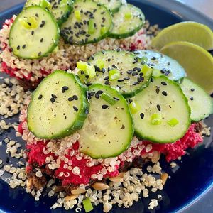 redbeet humus and quinoa on rye bread at The Break Cafe in Thisted