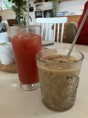 Fresh watermelon juice and iced latte with oat milk   at The Break Cafe in Thisted