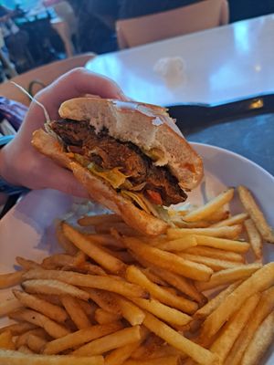 Black bean burger and fries, welcome change from all the Impossible burgers at Walt Disney World - Connections Eatery in Lake Buena Vista