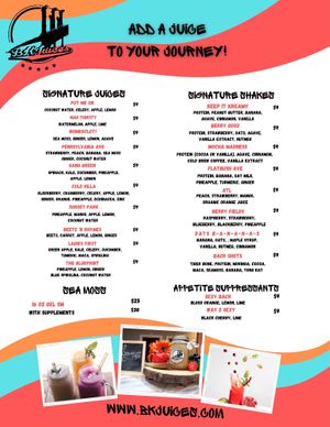 The menu at BK Juices in Frederick
