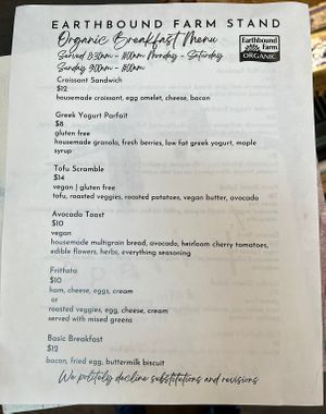 Breakfast menu  at Earthbound Farm Stand and Cafe in Carmel
