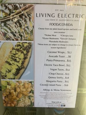 Food menu  at Living Electric LLC in Allentown