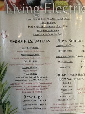 Juice/smoothie menu  at Living Electric LLC in Allentown