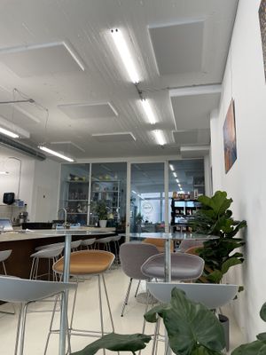 Interior with ceramic studio view in the back of the cafe  at Dune in Rotterdam