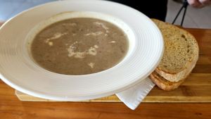Mushroom soup. Great starter! Comes with toasted bread aside at Mobys in Plettenberg Bay