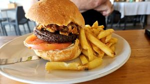 Veg-burger with fries at Mobys in Plettenberg Bay