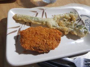 Tempura broccoli and pumpkin korokke at Marugame Udon in South East London