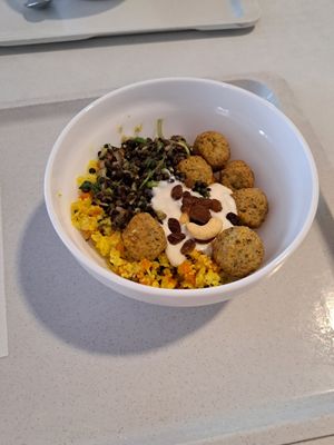 Bowl with couscous, falafel and lentil salad at Mensa UniCampus Magdeburg in Magdeburg