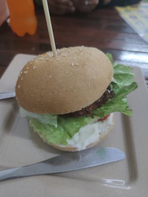 Vegan burger at Kaun Im Yok Vegan Restaurant - H&H in Vang Vieng