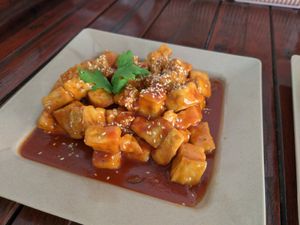 Tofu w sauce on top at Kaun Im Yok Vegan Restaurant - H&H in Vang Vieng