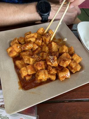 Tofu with sauce  at Kaun Im Yok Vegan Restaurant - H&H in Vang Vieng