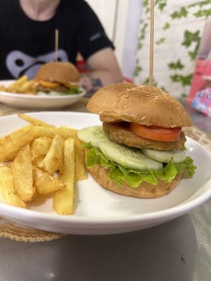 Vegan burger  at Kaun Im Yok Vegan Restaurant - H&H in Vang Vieng