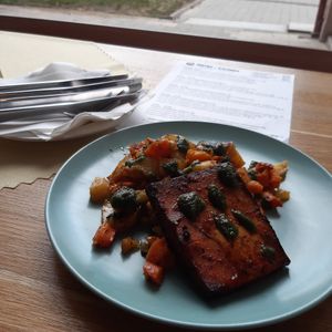 Tofu steak with roasted veggies and potatoes, basil pesto at Bistro na Botance in Brno