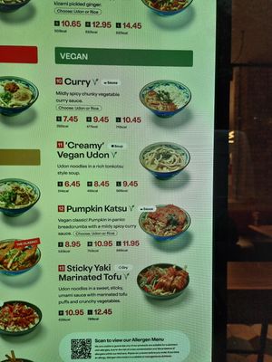 Vegan section on menu at Marugame Udon - Oxford Circus in London