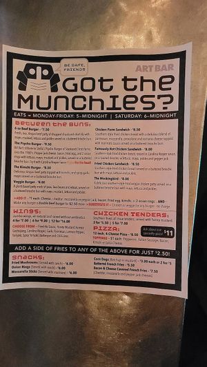 Menu ("Substitute It: ...Veggie [patty] for any burger - no charge") at Art Bar in Columbia