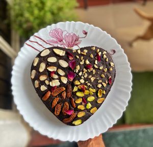 Chocolate walnut Brownie with pistachio, figs, almonds and walnut for topping.

Made using oat flour, olive oil, dates for sweetness and plant milk.

Gluten free. at Sid Vegan in Dehradun