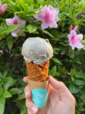 Black sesame ice cream in waffle cone at sari sari store サリサリストア in Osaka