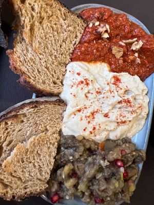Mediterranean Platter- Hummus, muhammara, baba ganoush with 100% whole wheat sourdough.
Oil free at Cafe Graze - Plant Based Kitchen by Natureville in Bangalore