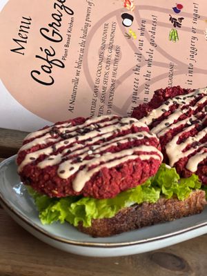 Open beet and bean burger.
Oil free and refined free at Cafe Graze - Plant Based Kitchen by Natureville in Bangalore