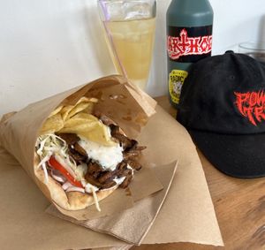 Mushroom souvlaki with the homemade lemonade - note the thin potato fries! Delicious.  at Veganato in Crete