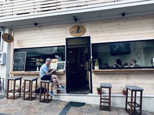 There are a few seats inside as well.   at Veganato in Crete