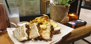 Mushroom Skepasti and fried potatoes at Veganato in Crete