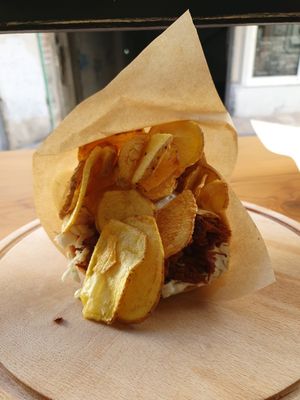 Soy Gyros with Chips and yoghurt sauce at Veganato in Crete