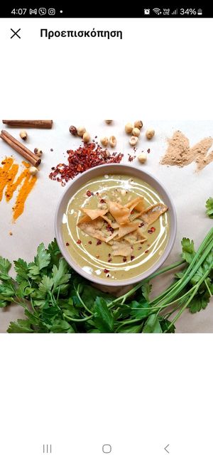 Today special, broccoli soup with tofu and hazelnuts  at Veganato in Crete