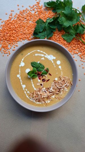 Today special 
Red lentil Soup with herbs  at Veganato in Crete