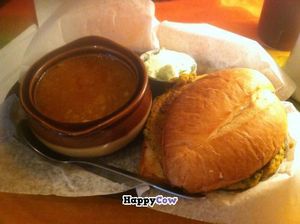 Chakra burger: Sweet potato based with egg plant, fresh kale, celery, and broccoli, curry and cumin. Served with Ethiopian lentil soup.  at Mother Earth Sanctuary Cafe in Lake Worth