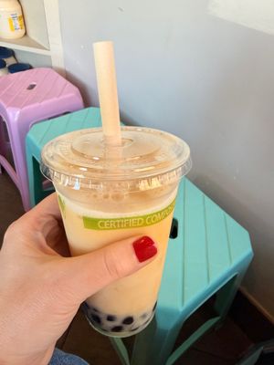 green tea boba with oat milk at Bah Mi Ba in Fairfax