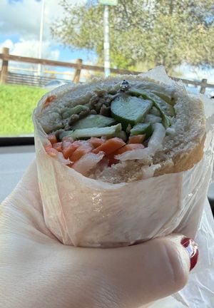 interior of impossible banh mi sandwich  at Bah Mi Ba in Fairfax