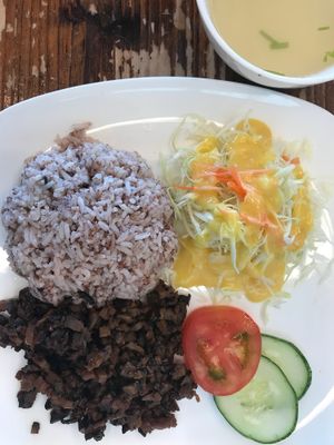 Minced mushrooms with brown rice. V. Good.  at Water Drop Teahouse 滴水坊 in Northeast Singapore
