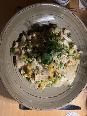 Selbstgemachte Dinkelpasta in Sahnesauce mit Wurzelgemüse  at Landgasthof Hessenmühle in Grossenlueder