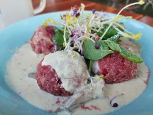 Beet root dumplings, wild mushroom ragout with herb salad & almond milk dressing (17.90) at Blaue Ziege in Petersberg