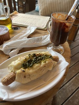 Pancho and hot choc  at Le Mucche in Garopaba
