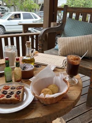 Focaccia and pão de queijo  at Le Mucche in Garopaba