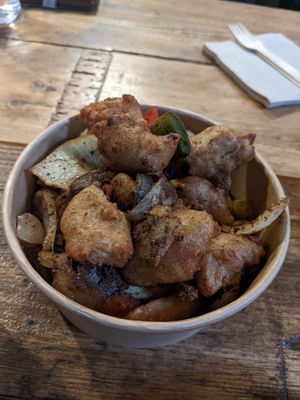 Ch*kn salt and chilli with chips at Bellfield Brewery in Edinburgh
