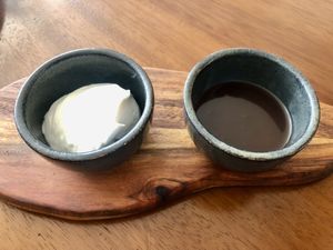 Vegan cream and chocolate sauce  at New Earth Cafe in Dubai