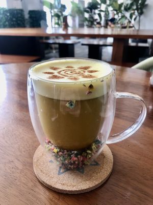 Turmeric oat milk latte  at New Earth Cafe in Dubai