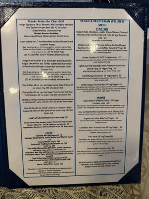 vegan section of menu  at Indigo in Providenciales