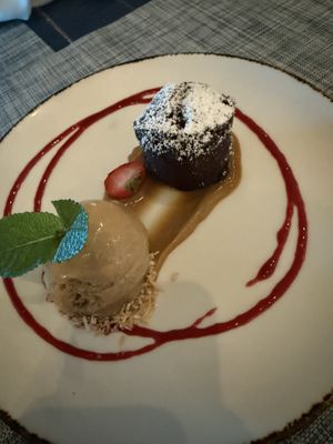 vegan chocolate cake + ice cream  at Indigo in Providenciales