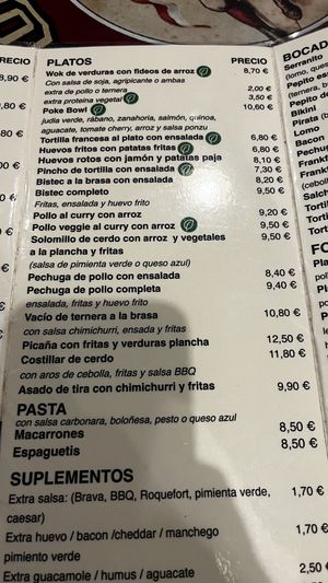 menu (4/4). Some leaf-labelled items are vegan.  at Sonora Sport Tavern in Barcelona