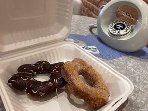 Chocolate sprinkle donut and cinnamon sugar donut    at Landline Doughnuts & Coffee in Longmont