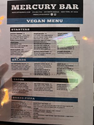 Just ask for the vegan menu if they don’t present you with one   at Mercury Bar West in New York City