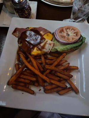 Bbq “chicken” sandwich & sweet potato fries   at Mercury Bar West in New York City