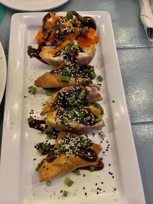 Wontons with the delicious carrots on the end of the plate  at Kaya Island Eats in Key West