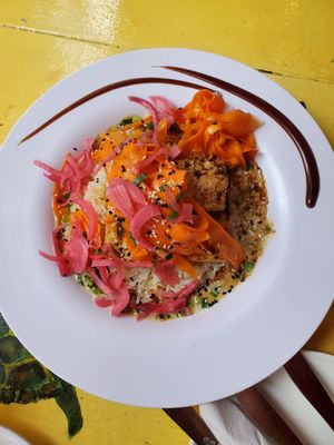 Coconut curry rice bowl with veggies and tofu at Kaya Island Eats in Key West